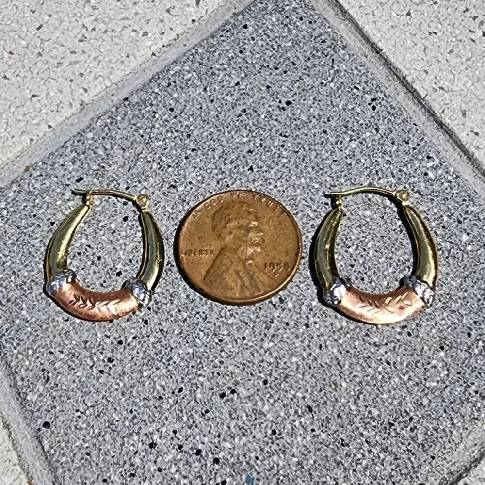 Vintage JCM 14K Fine Tri Tone Gold Diamond Cut Puff Hoop Earrings